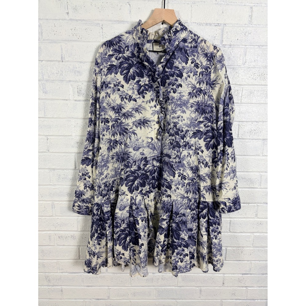 Tuckernuck Toile Dress Womens XL Blue White Linen Cotton Ruffle Drop Waist